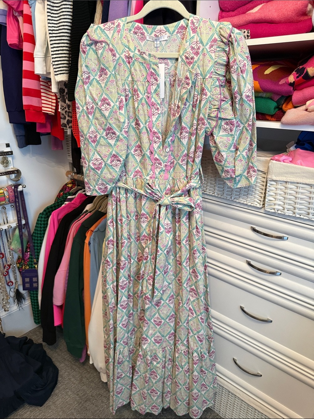 Karlie Mint Green and Pink Diamond-Print Maxi Dress